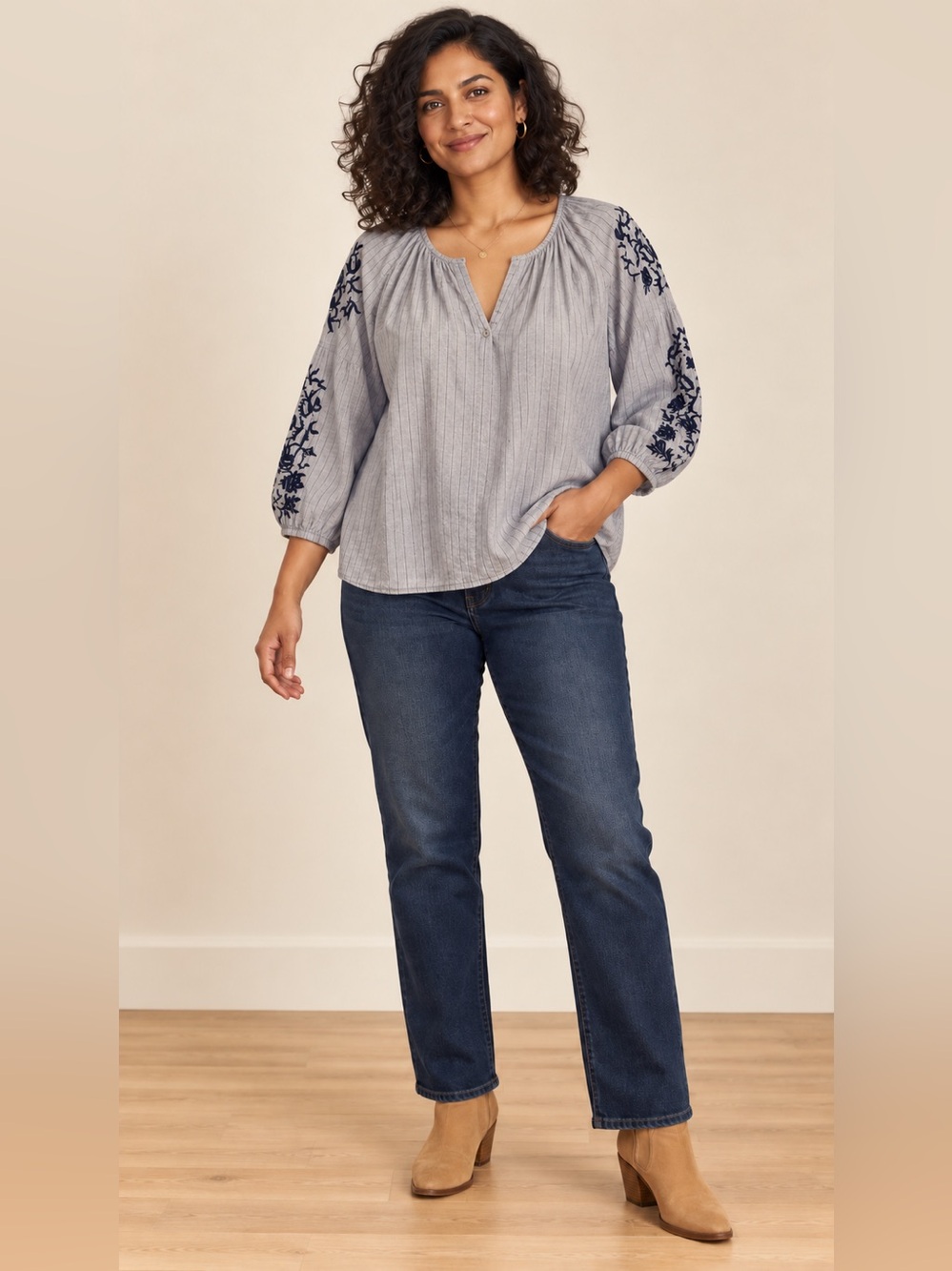 PPLA Socialite Gray Navy Embroidered Cotton Blouse Size L Boho
